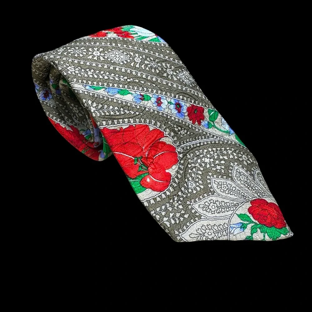 Leonard Paris Maus & Hoffman Mens Silk Tie Paisley Floral Red Green Italy France